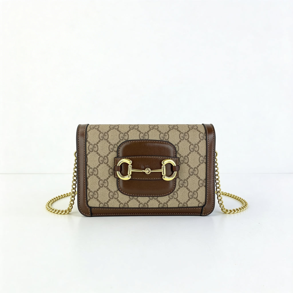 Omyra Heritage Horsebit Mini Shoulder Bag — Beige Monogram Canvas & Gold Chain