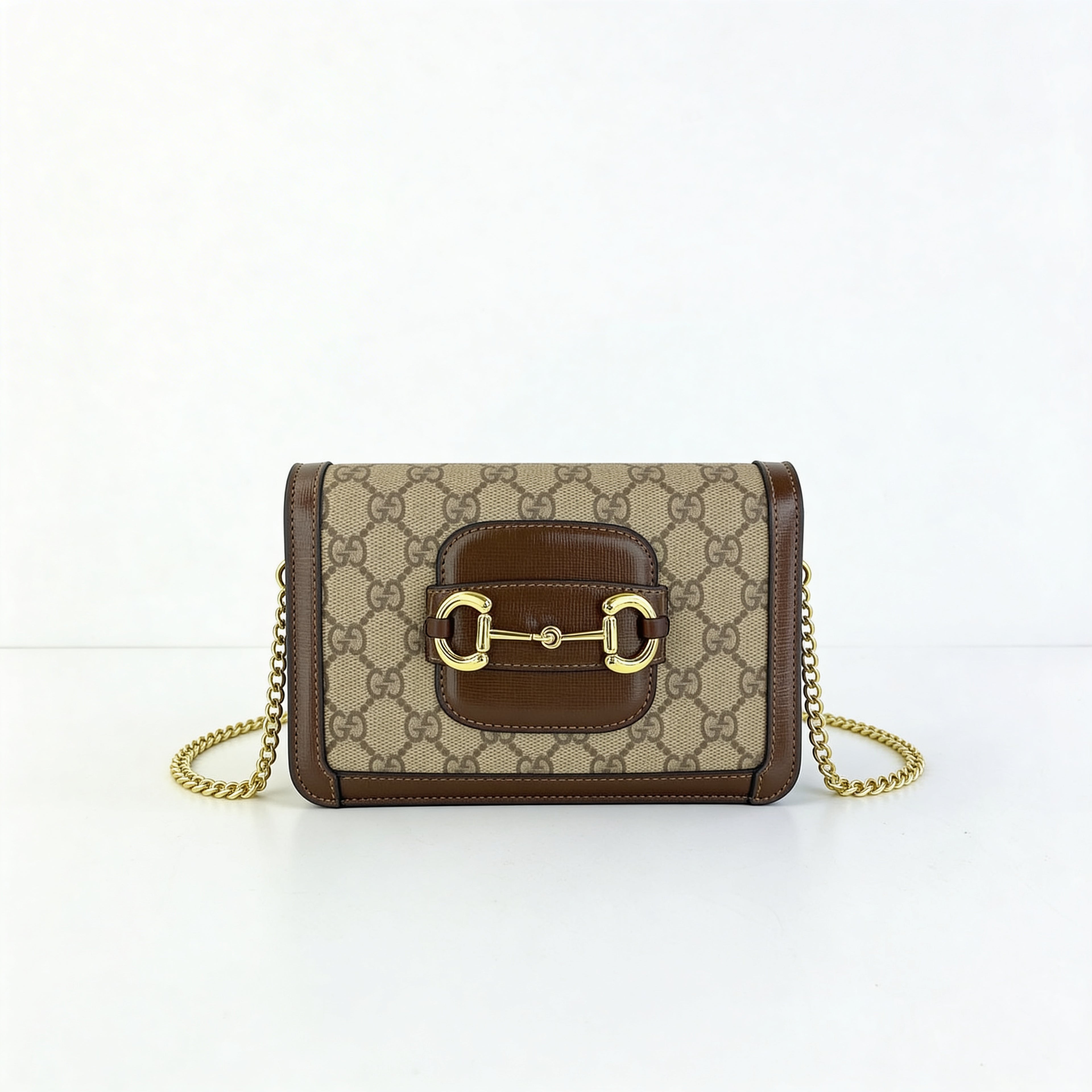 Omyra Heritage Horsebit Mini Shoulder Bag — Beige Monogram Canvas & Gold Chain