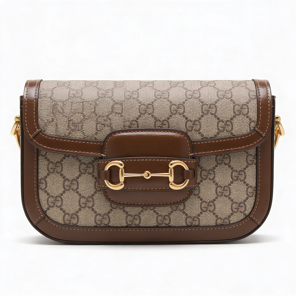 Gucci 1955 Horsebit Shoulder Bag, GG Supreme canvas with brown leather trim, front view with gold horsebit