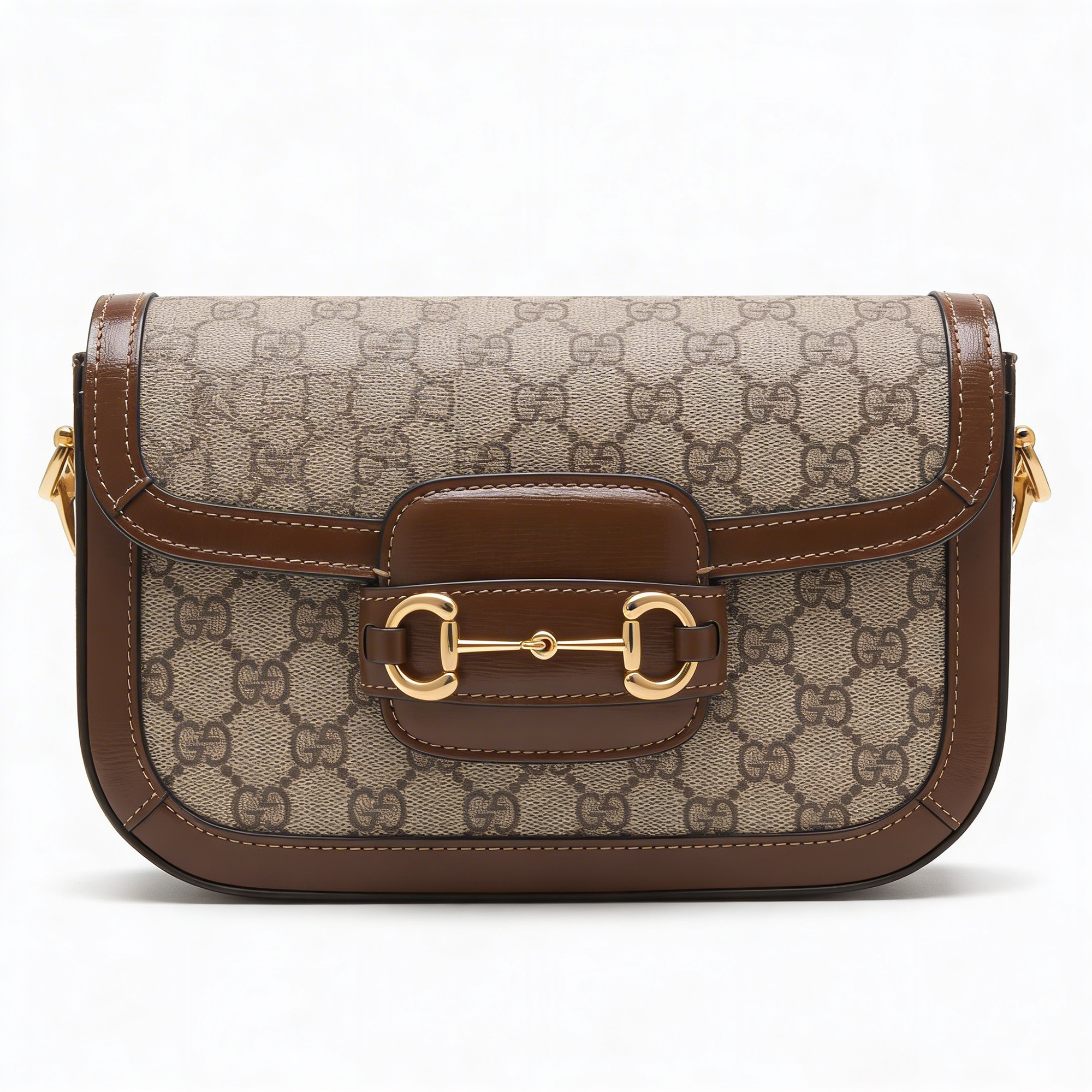 Gucci 1955 Horsebit Shoulder Bag, GG Supreme canvas with brown leather trim, front view with gold horsebit