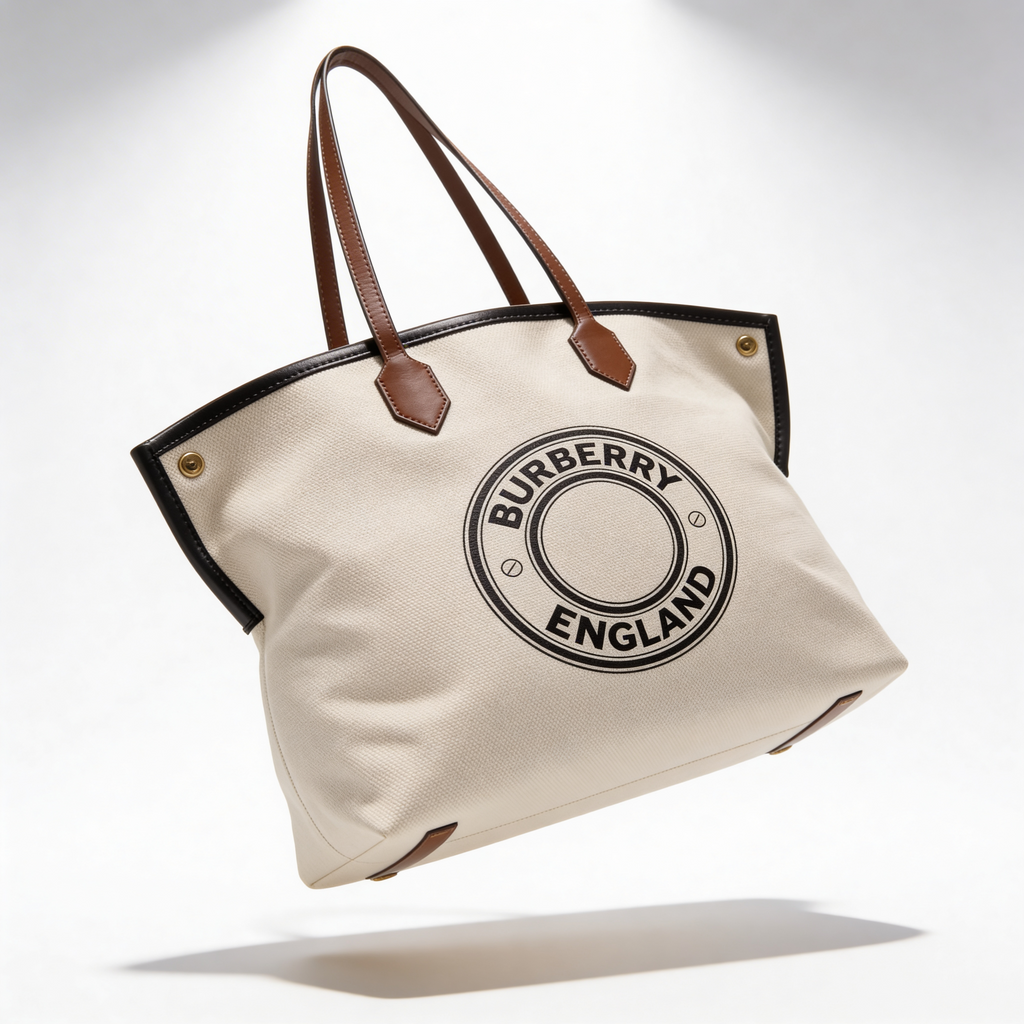 Burberry England Logo Tote, detail of circular Burberry England logo print on natural canvas