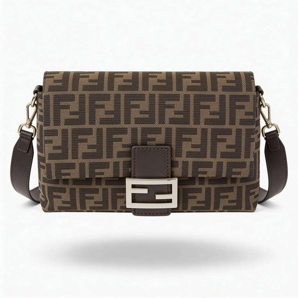 Fendi Baguette, FF Zucca jacquard, front view with silver-tone FF buckle on pure-white
