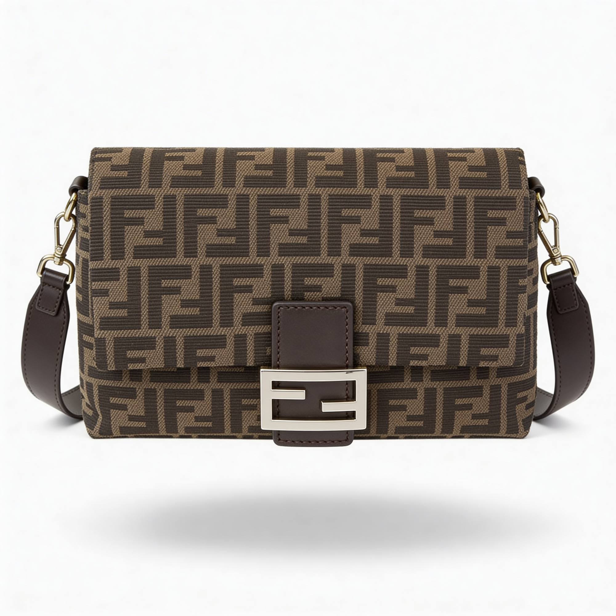 Signature Pattern Flap Bag — Brown Canvas with Statement Metal Clasp
