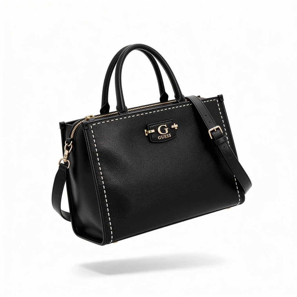 Guess Mini Top Handle Bag, black pebbled leather, three-quarter view with gold G GUESS plaque
