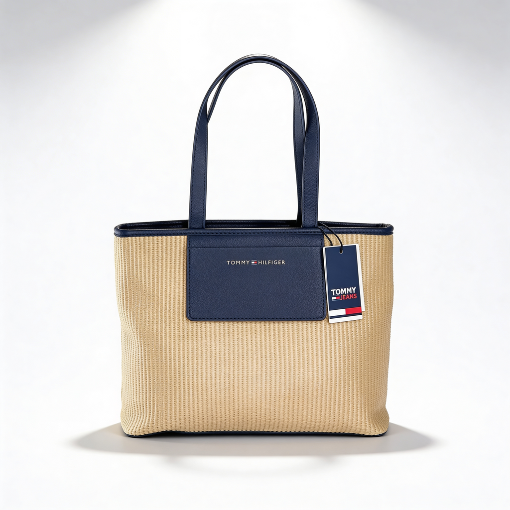 Tommy Hilfiger Iconic Tote, natural canvas with navy leather trim, front view with TOMMY HILFIGER plaque and flag hangtag