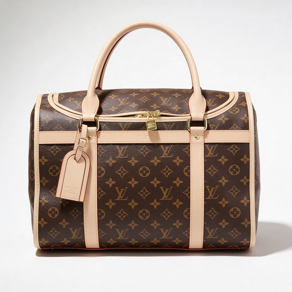 Louis Vuitton Keepall, Monogram canvas weekender, front view with vachetta handles and luggage tag