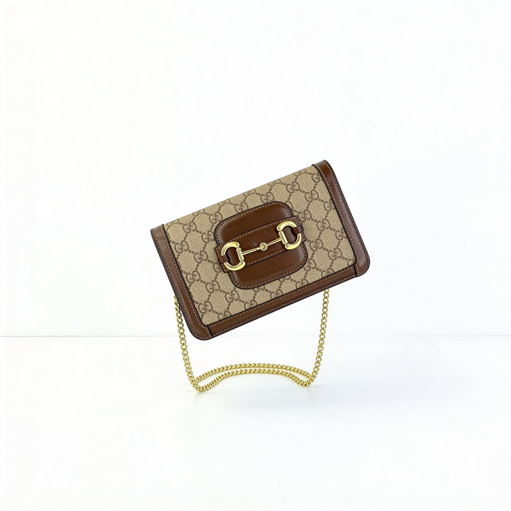 Omyra Heritage Horsebit Mini Shoulder Bag — Beige Monogram Canvas & Gold Chain