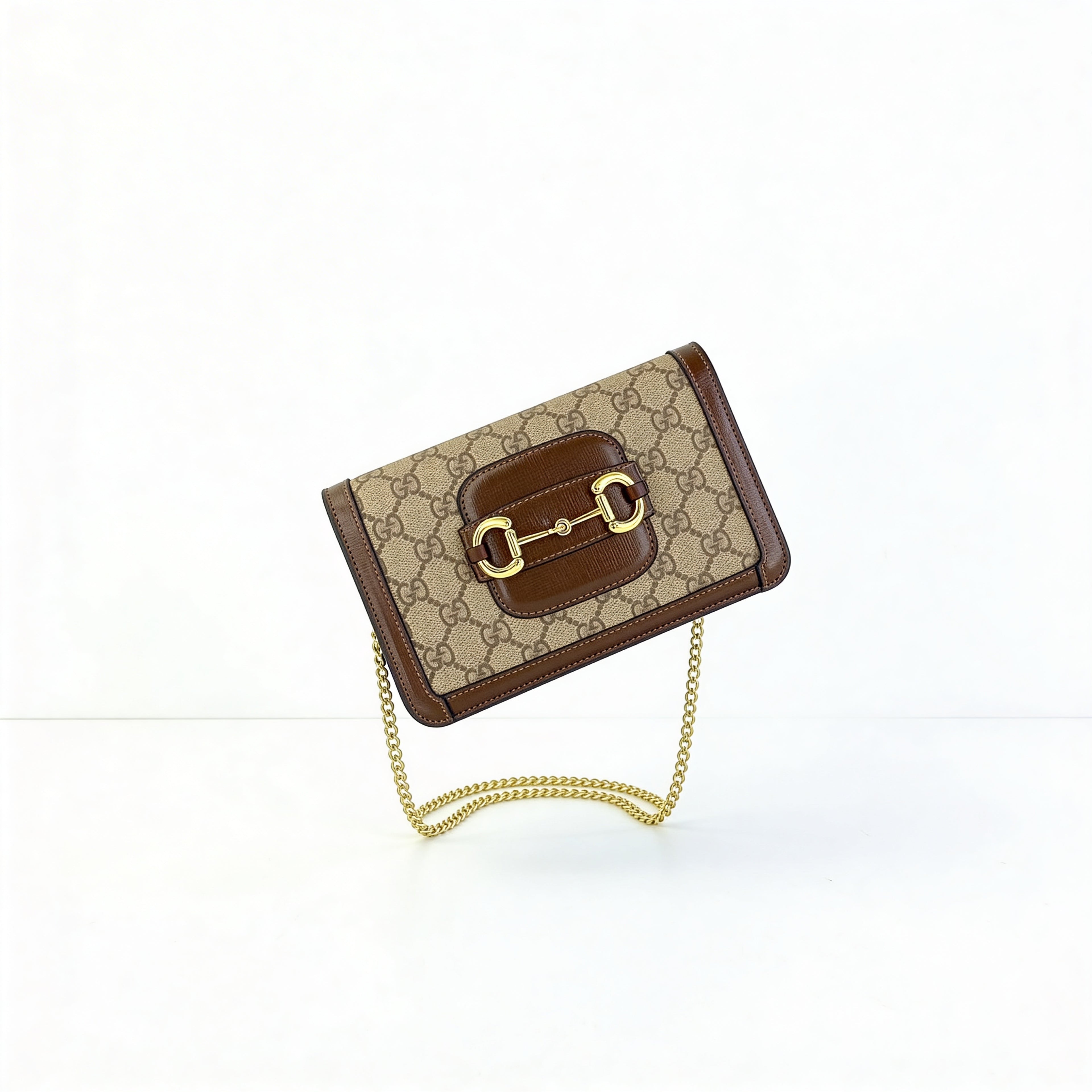 Omyra Heritage Horsebit Mini Shoulder Bag — Beige Monogram Canvas & Gold Chain