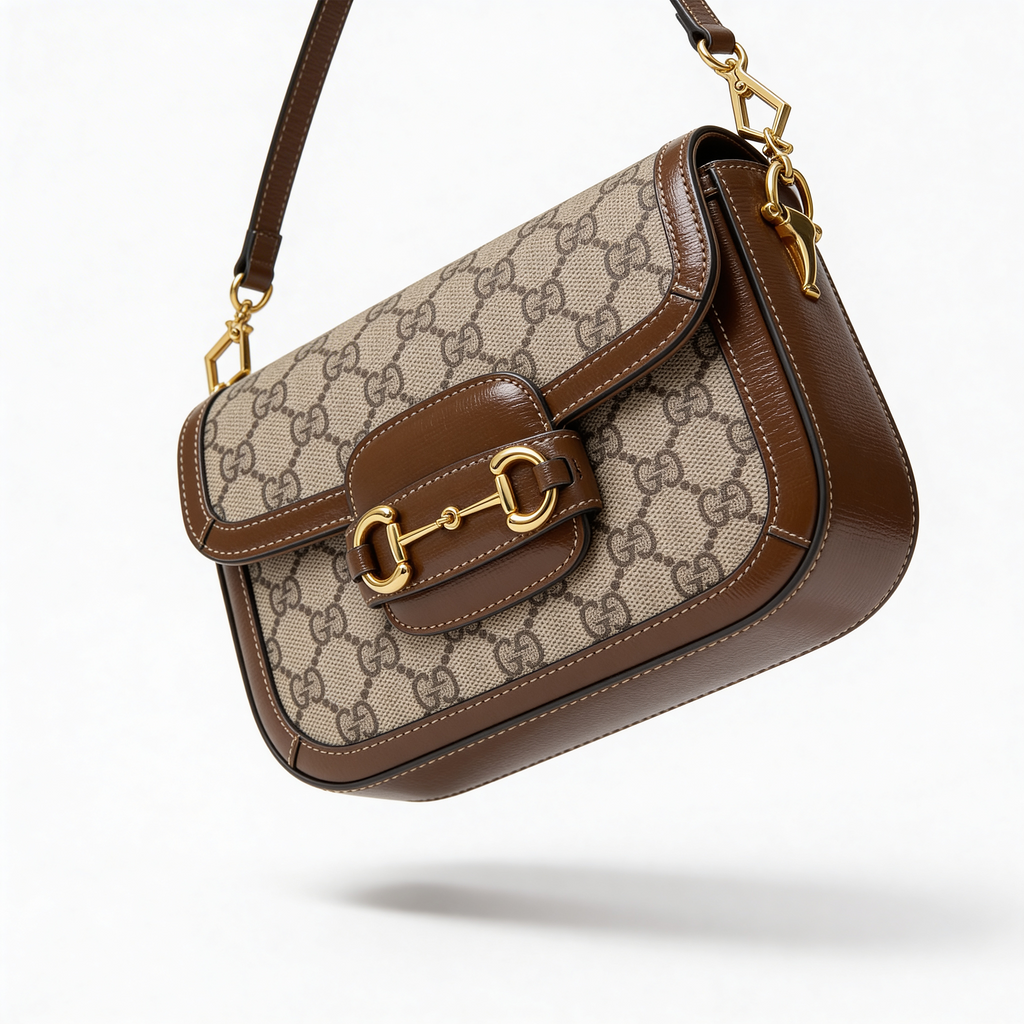 Gucci 1955 Horsebit Shoulder Bag, GG Supreme canvas, side angle on pure-white