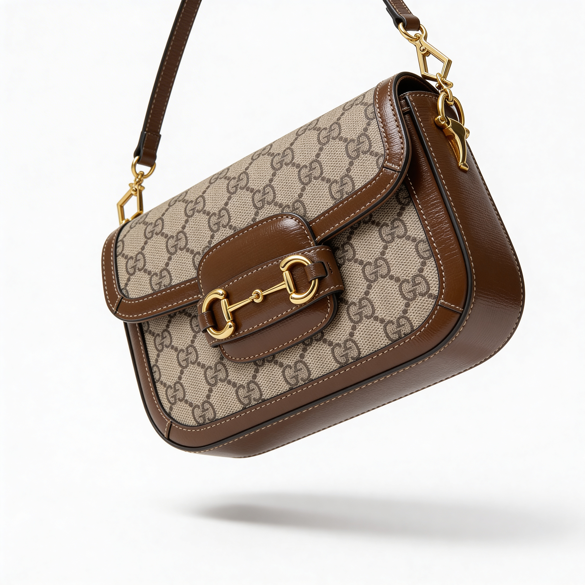 Gucci 1955 Horsebit Shoulder Bag, GG Supreme canvas, side angle on pure-white