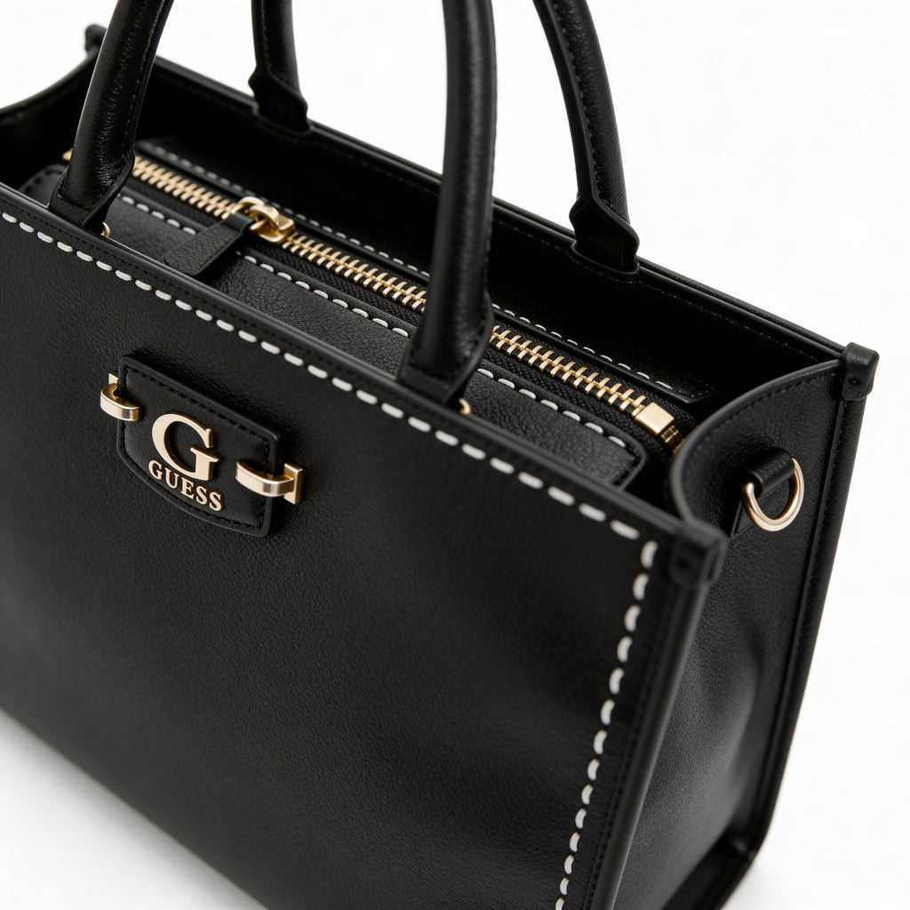 Guess Mini Top Handle Bag, side angle on pure-white