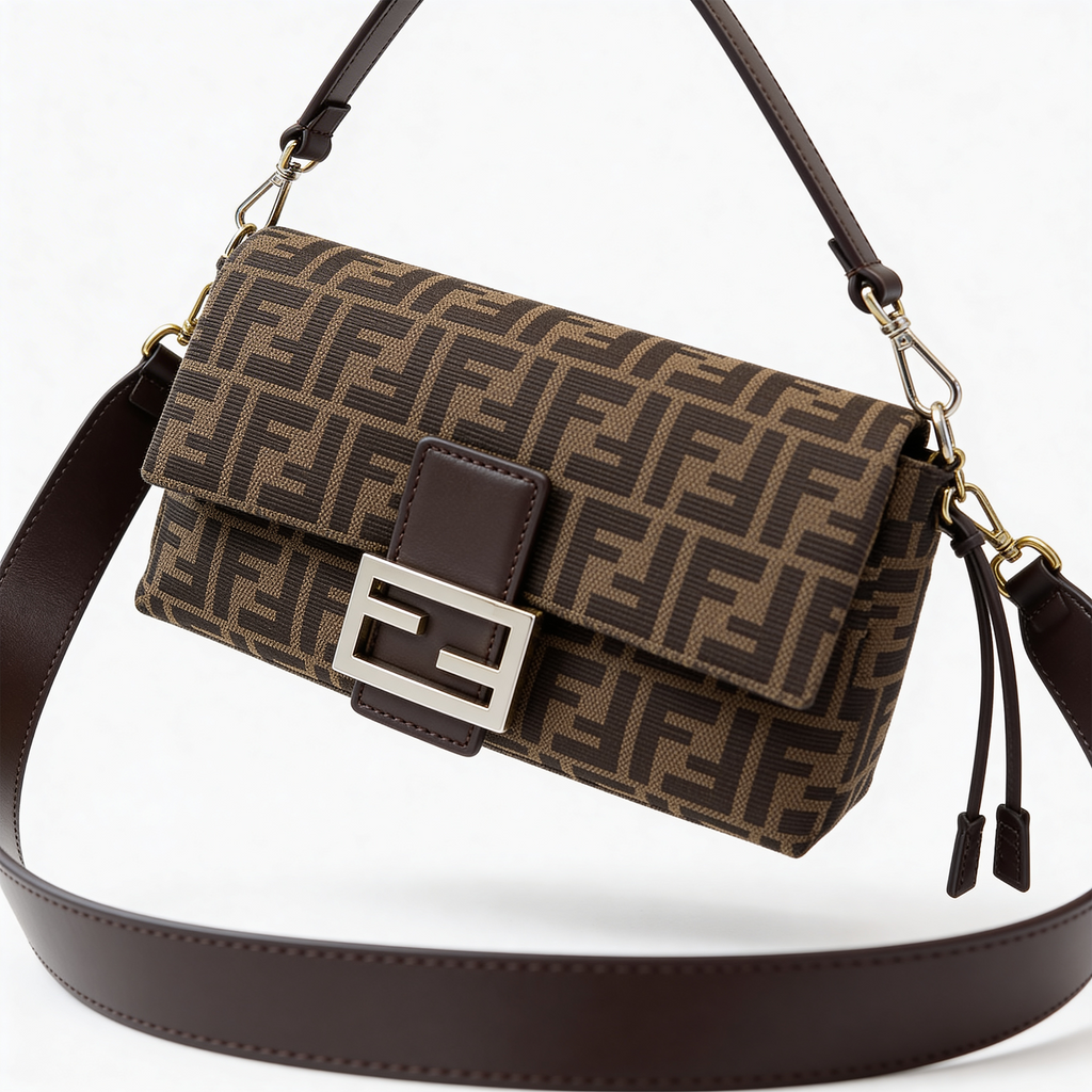 Fendi Baguette, FF Zucca jacquard, side angle showing leather strap