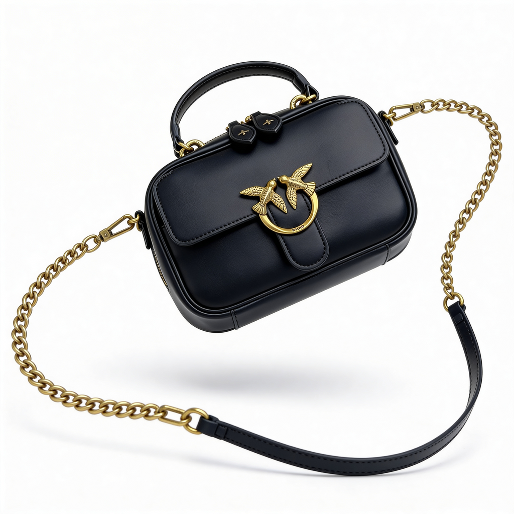 Pinko Love Mini Bag, black smooth leather, front view with gold love-birds buckle