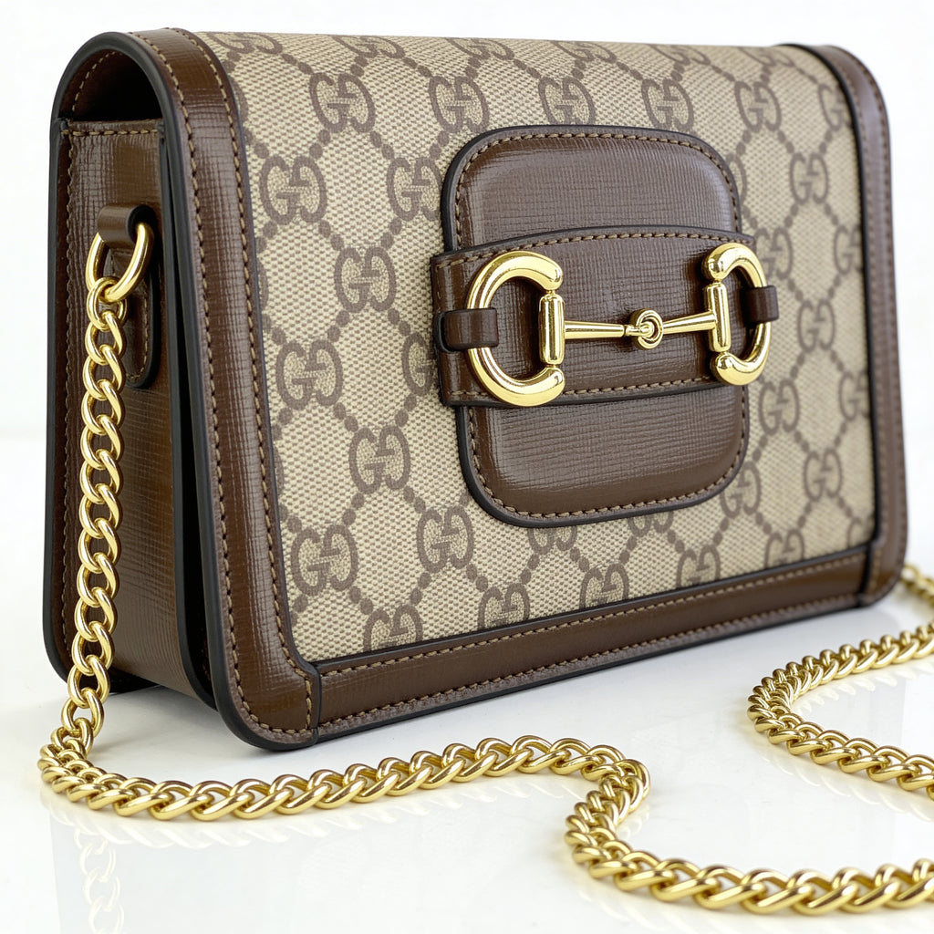 Omyra Heritage Horsebit Mini Shoulder Bag — Beige Monogram Canvas & Gold Chain