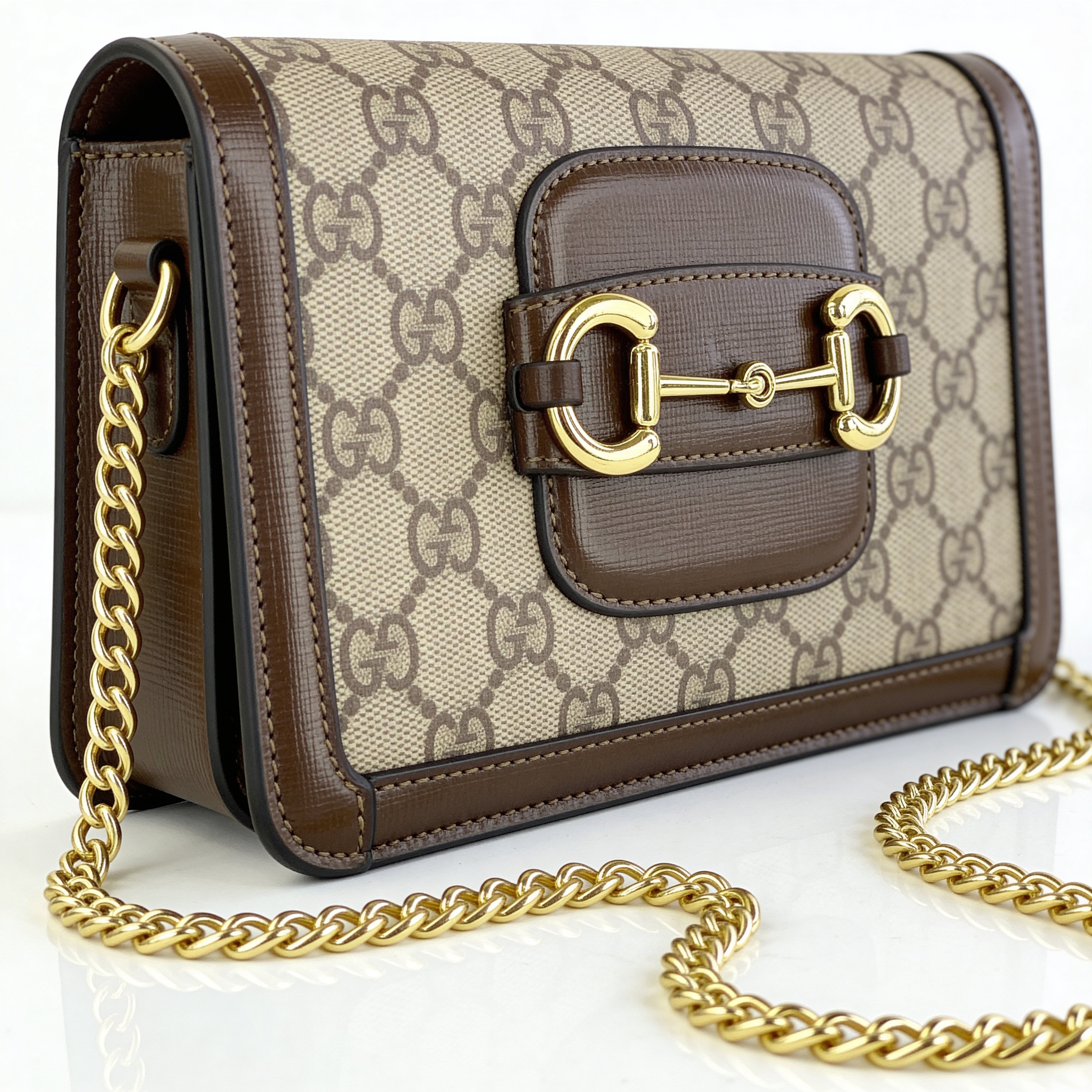 Omyra Heritage Horsebit Mini Shoulder Bag — Beige Monogram Canvas & Gold Chain