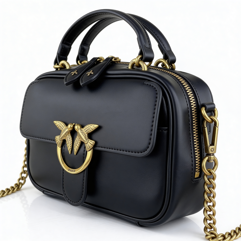 Pinko Love Mini Bag, black smooth leather, side angle on pure-white