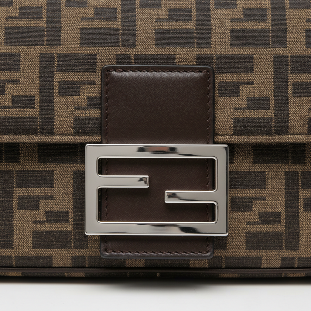 Fendi Baguette, close-up of silver-tone FF buckle on leather flap