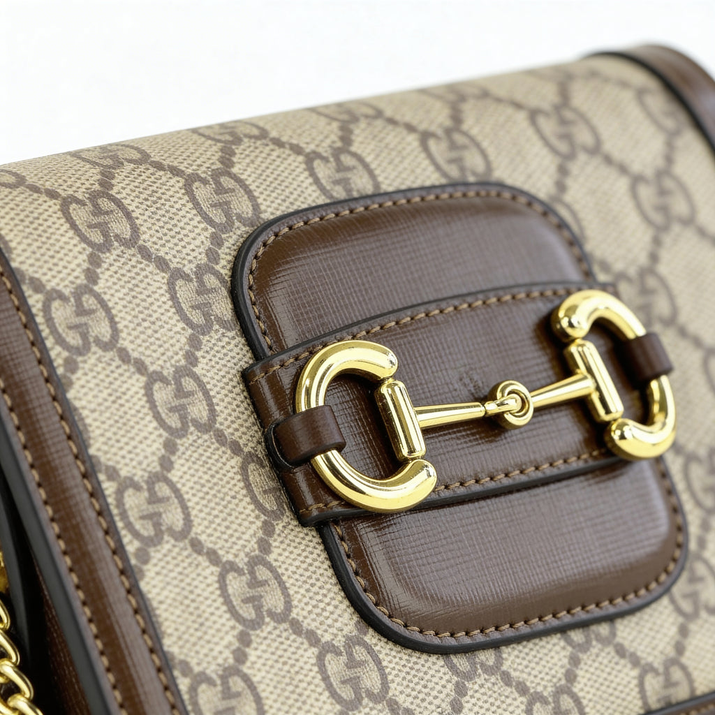 Omyra Heritage Horsebit Mini Shoulder Bag — Beige Monogram Canvas & Gold Chain