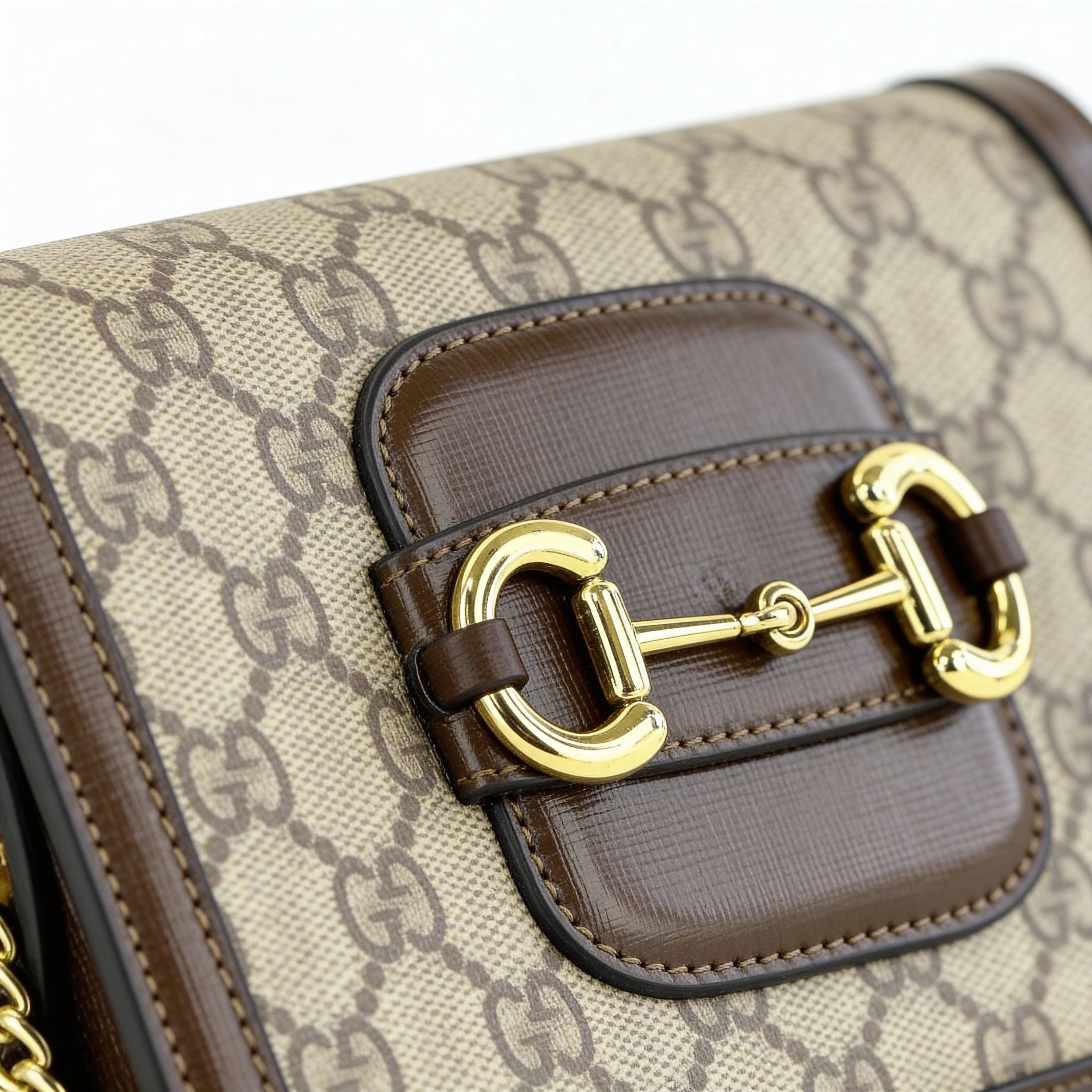 Omyra Heritage Horsebit Mini Shoulder Bag — Beige Monogram Canvas & Gold Chain