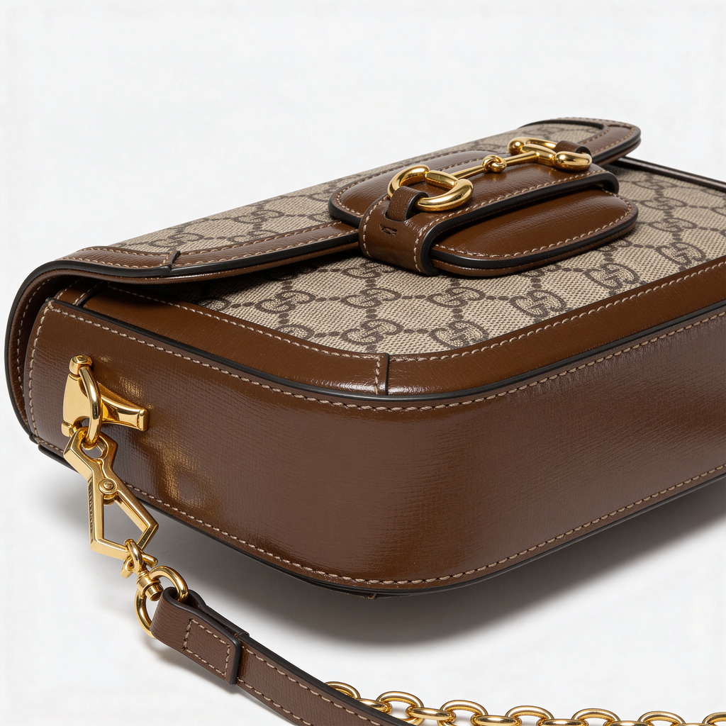 Gucci 1955 Horsebit Shoulder Bag, GG Supreme canvas, back view on pure-white