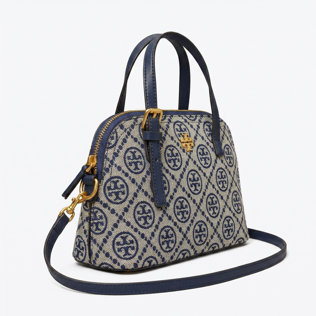 Tory Burch T-Monogram Mini Satchel, navy and cream jacquard, side angle on pure-white