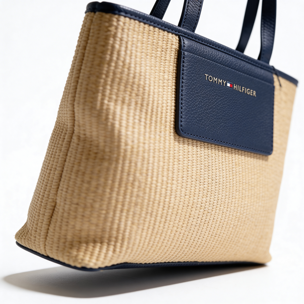 Tommy Hilfiger Iconic Tote, detail of TOMMY HILFIGER plaque and red-white-blue flag hangtag