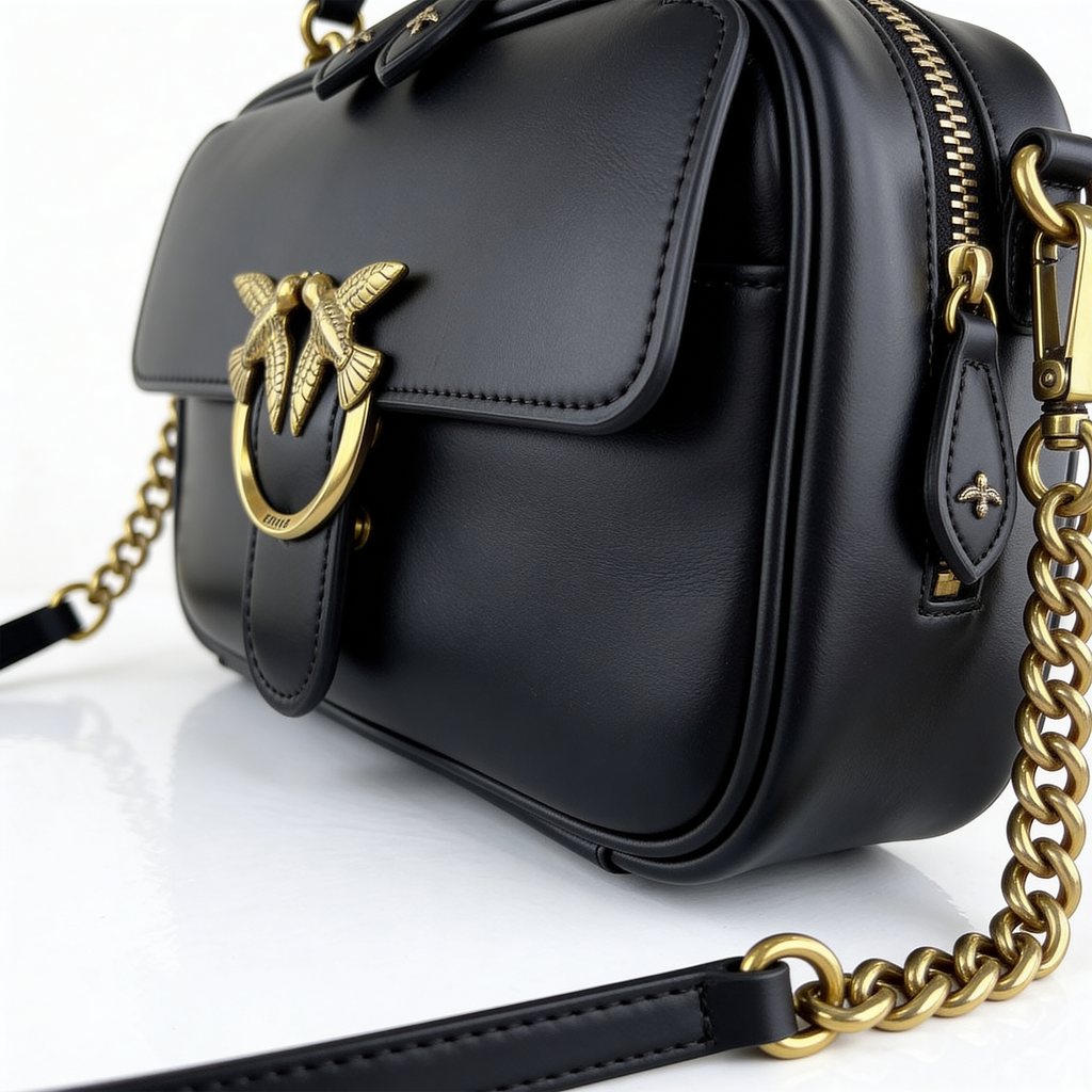 Pinko Love Mini Bag, black smooth leather, back view on pure-white