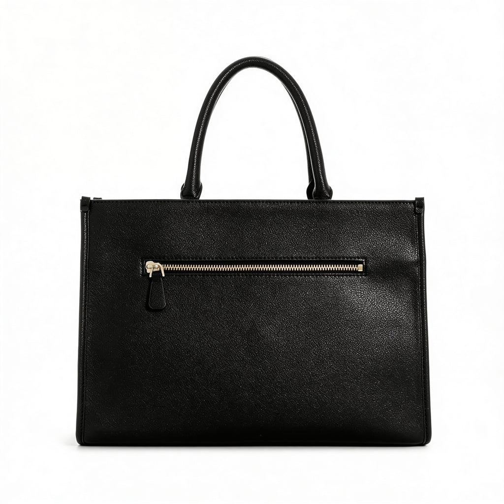 Guess Mini Top Handle Bag, detail of gold G plaque and contrast stitching