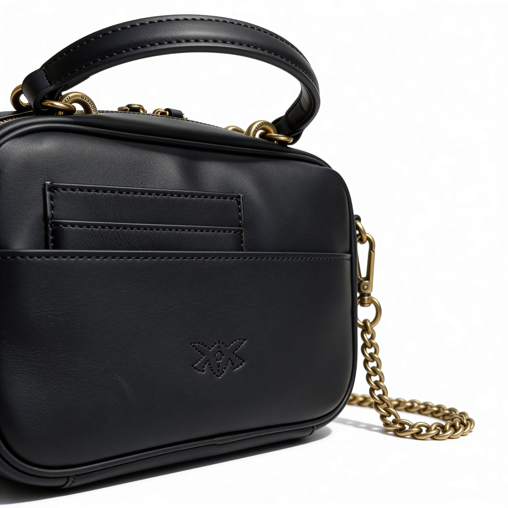Pinko Love Mini Bag, black smooth leather, alternate angle showing leather strap