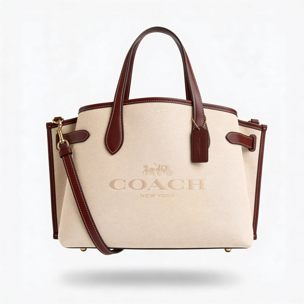 Coach Hanover Tote, detail of horse-and-carriage logo and Coach hangtag