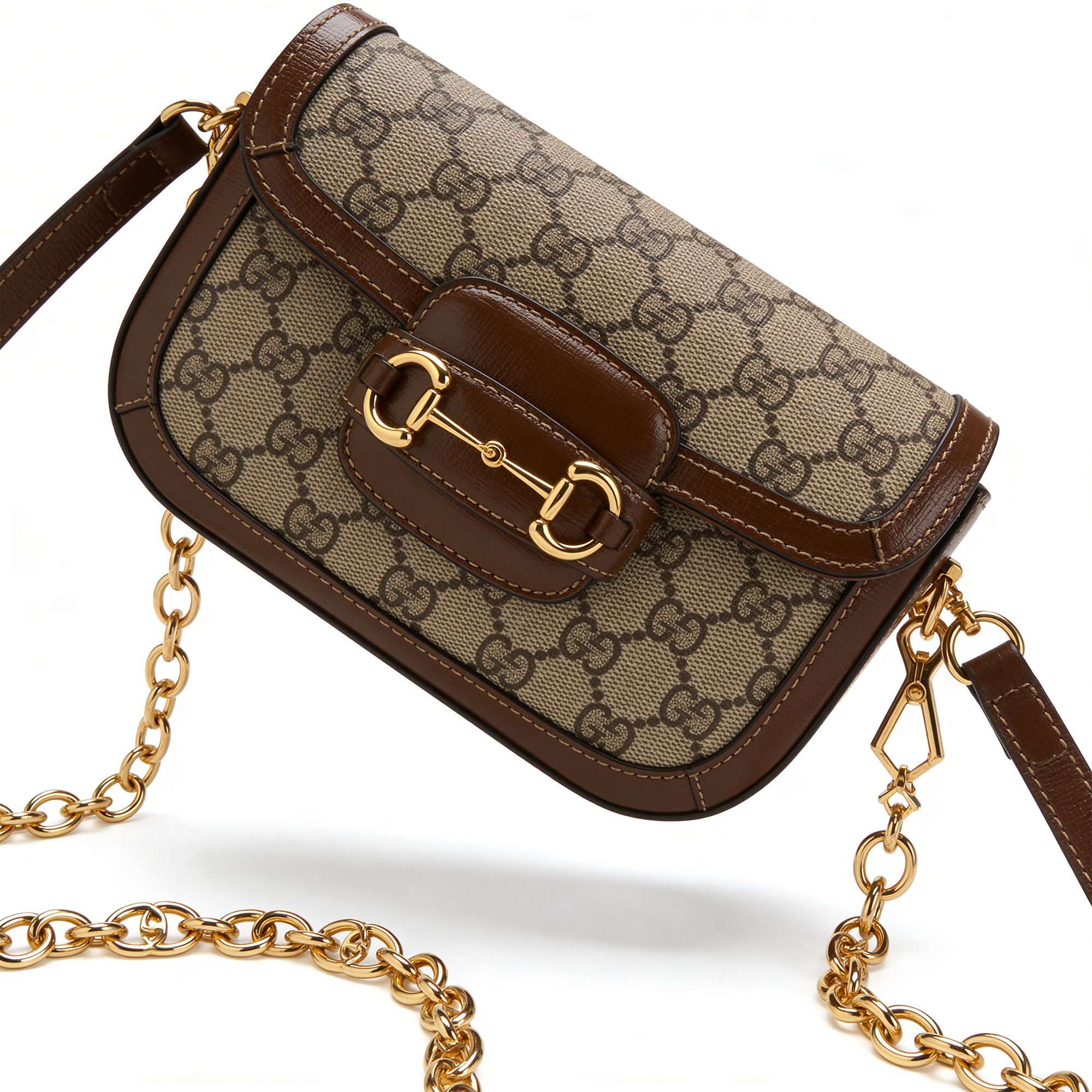 Gucci 1955 Horsebit Shoulder Bag, GG Supreme canvas, detail of leather flap and stitching