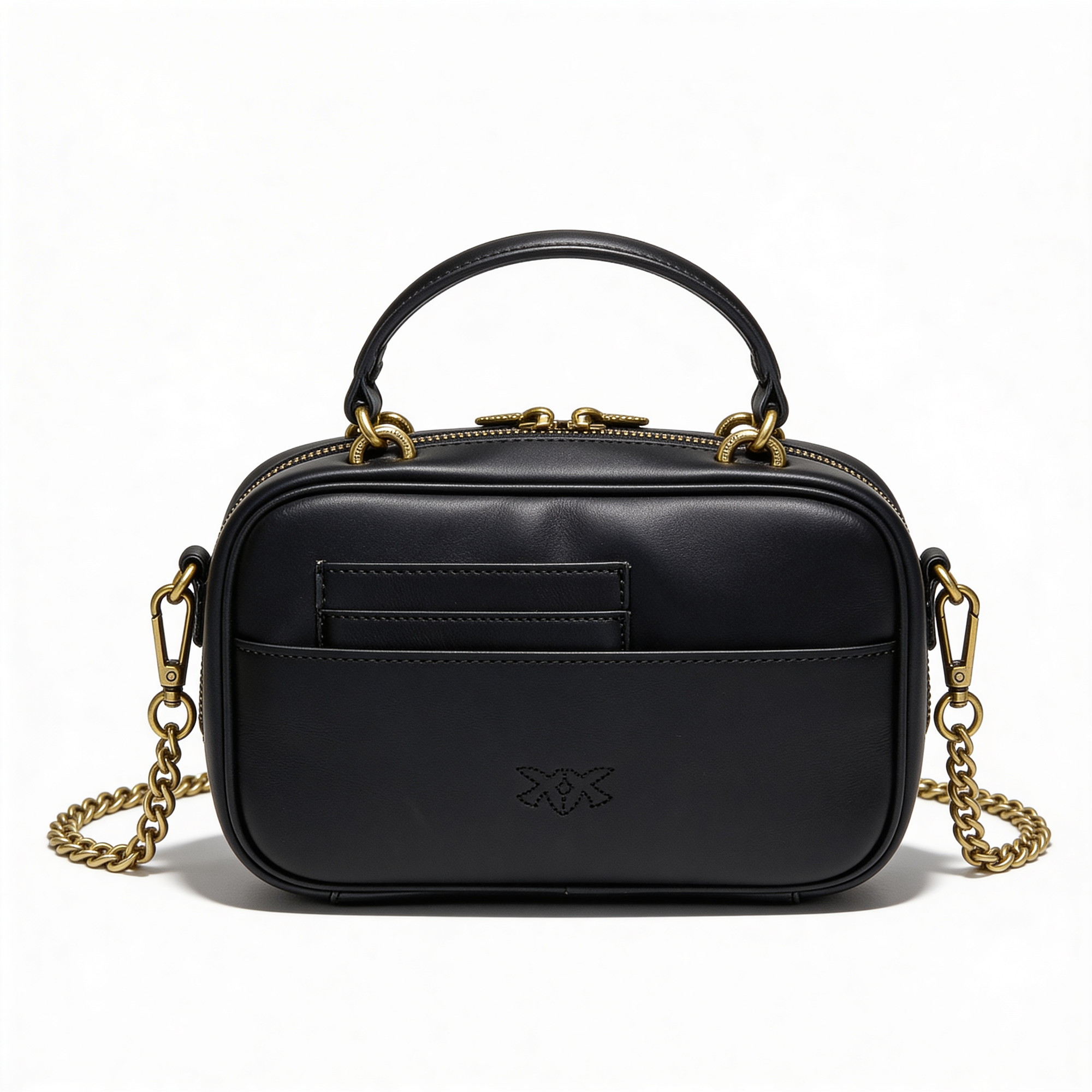 Pinko Love Mini Bag, detail of gold-tone hardware and stitching on black leather