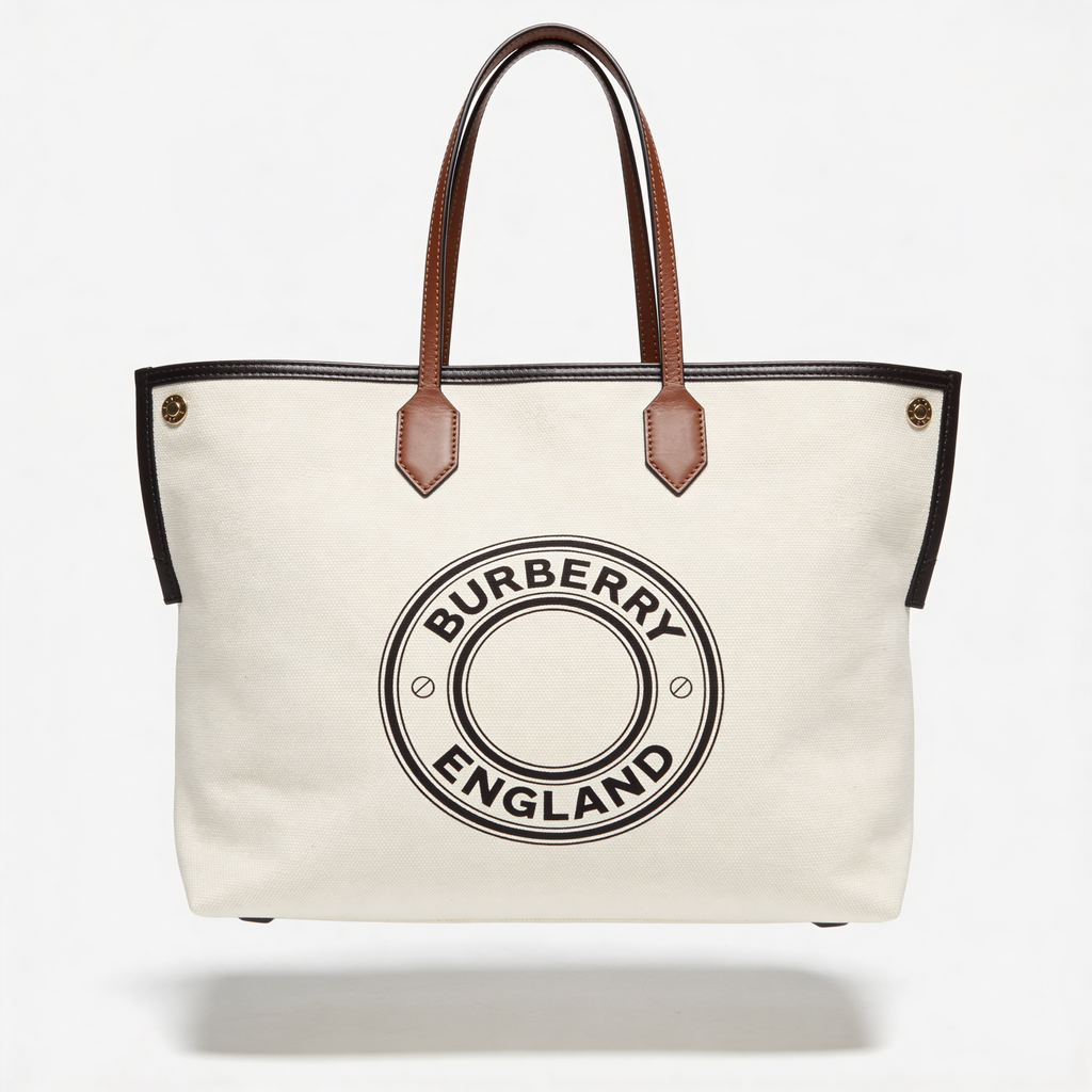 Burberry England Logo Tote, natural canvas with tan leather trim and circular BURBERRY ENGLAND logo, front view
