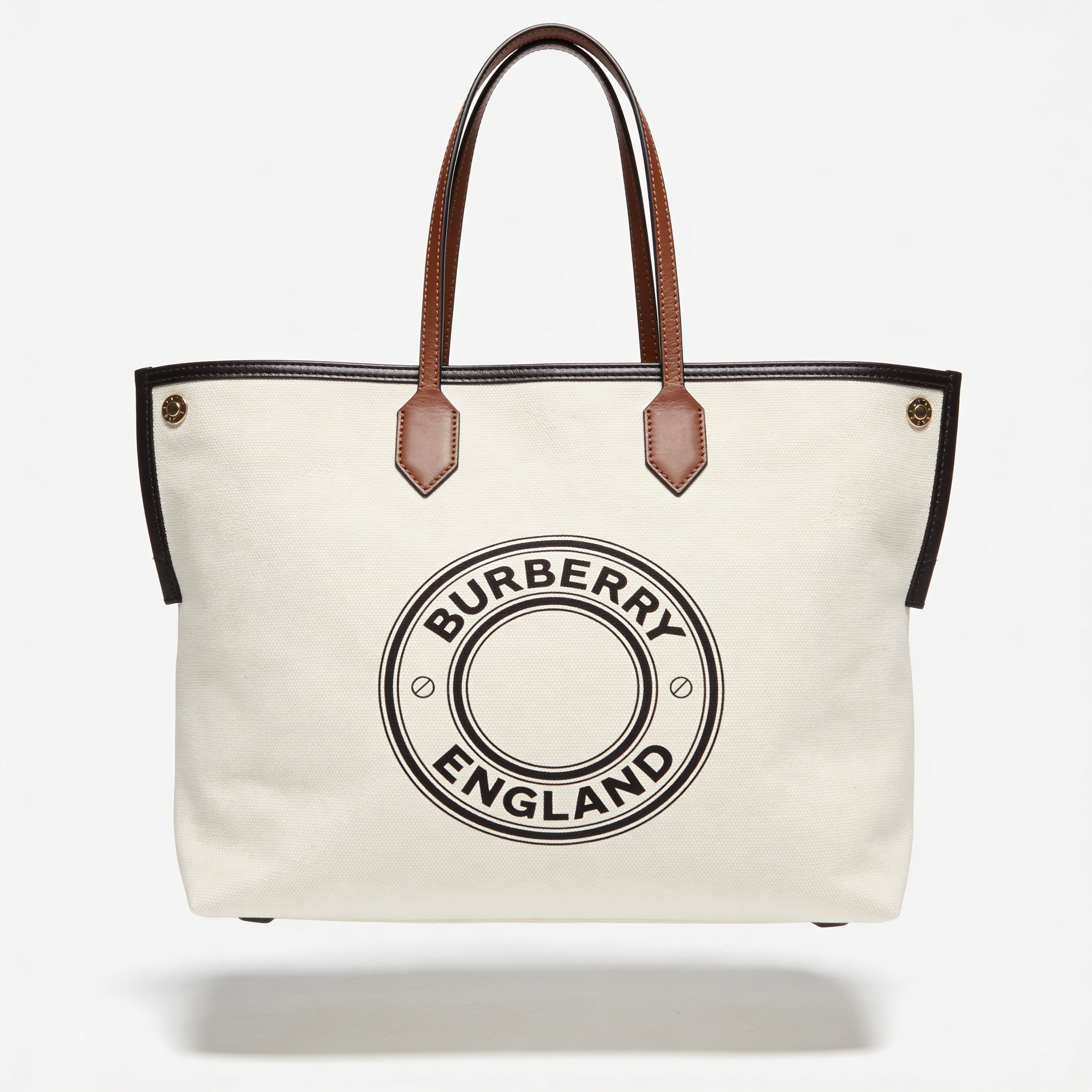 Burberry England Logo Tote, natural canvas with tan leather trim and circular BURBERRY ENGLAND logo, front view