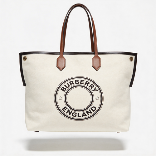 Burberry England Logo Tote, natural canvas with tan leather trim and circular BURBERRY ENGLAND logo, front view