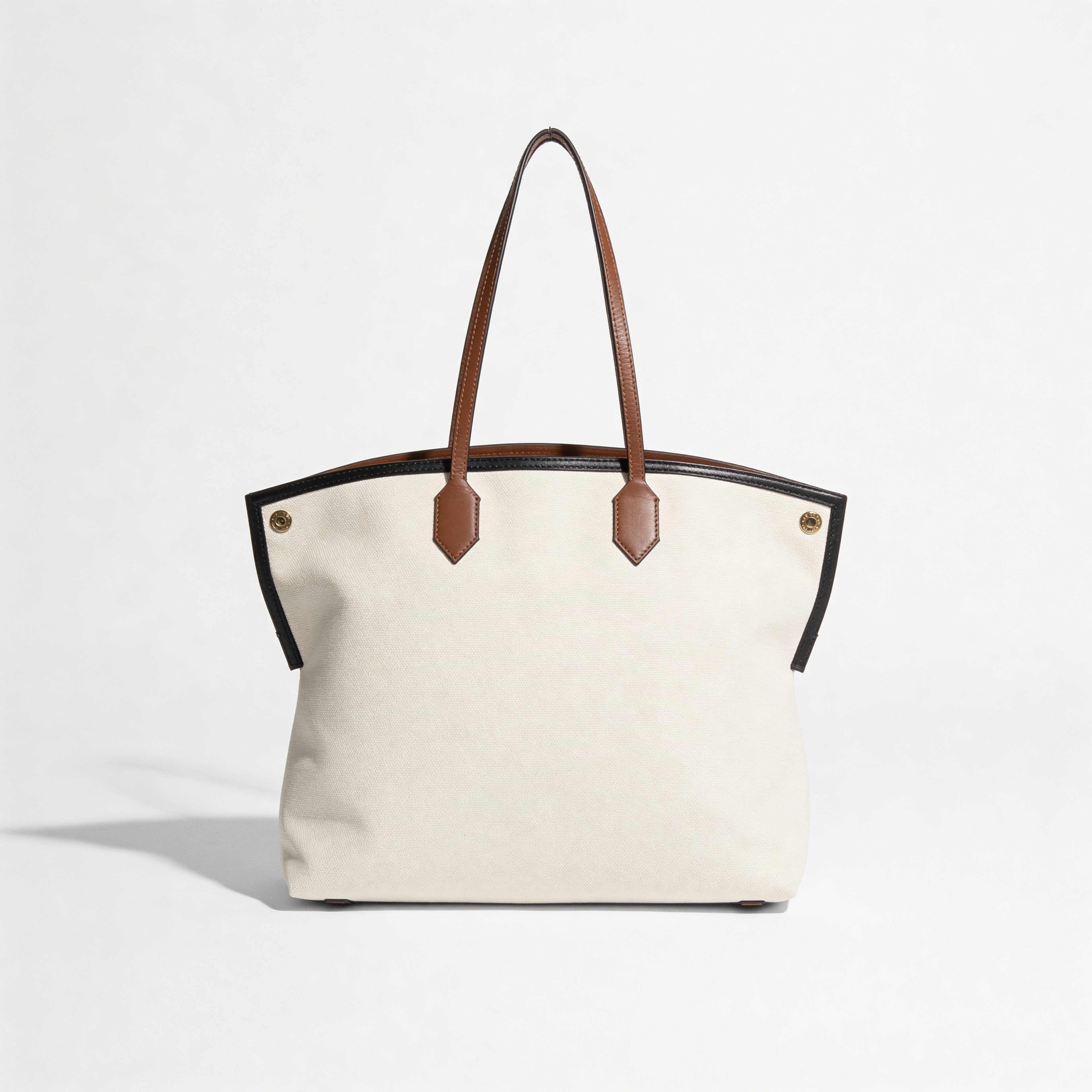 Burberry England Logo Tote, natural canvas, side angle with tan leather handles