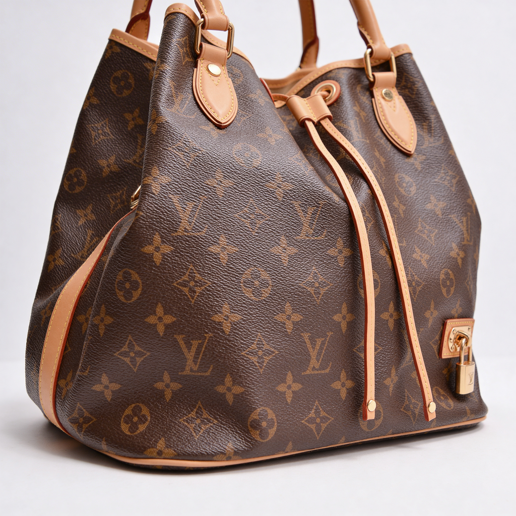 Louis Vuitton Petit Noé, close-up of vachetta drawstring and Monogram canvas