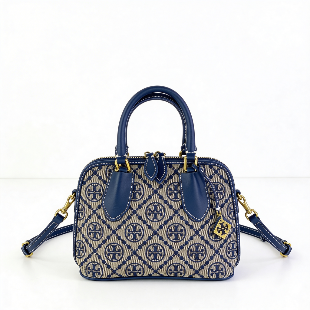 Tory Burch T-Monogram Mini Satchel, navy and cream jacquard with navy leather, front view with T charm