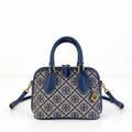 Tory Burch T-Monogram Mini Satchel, navy and cream jacquard with navy leather, front view with T charm