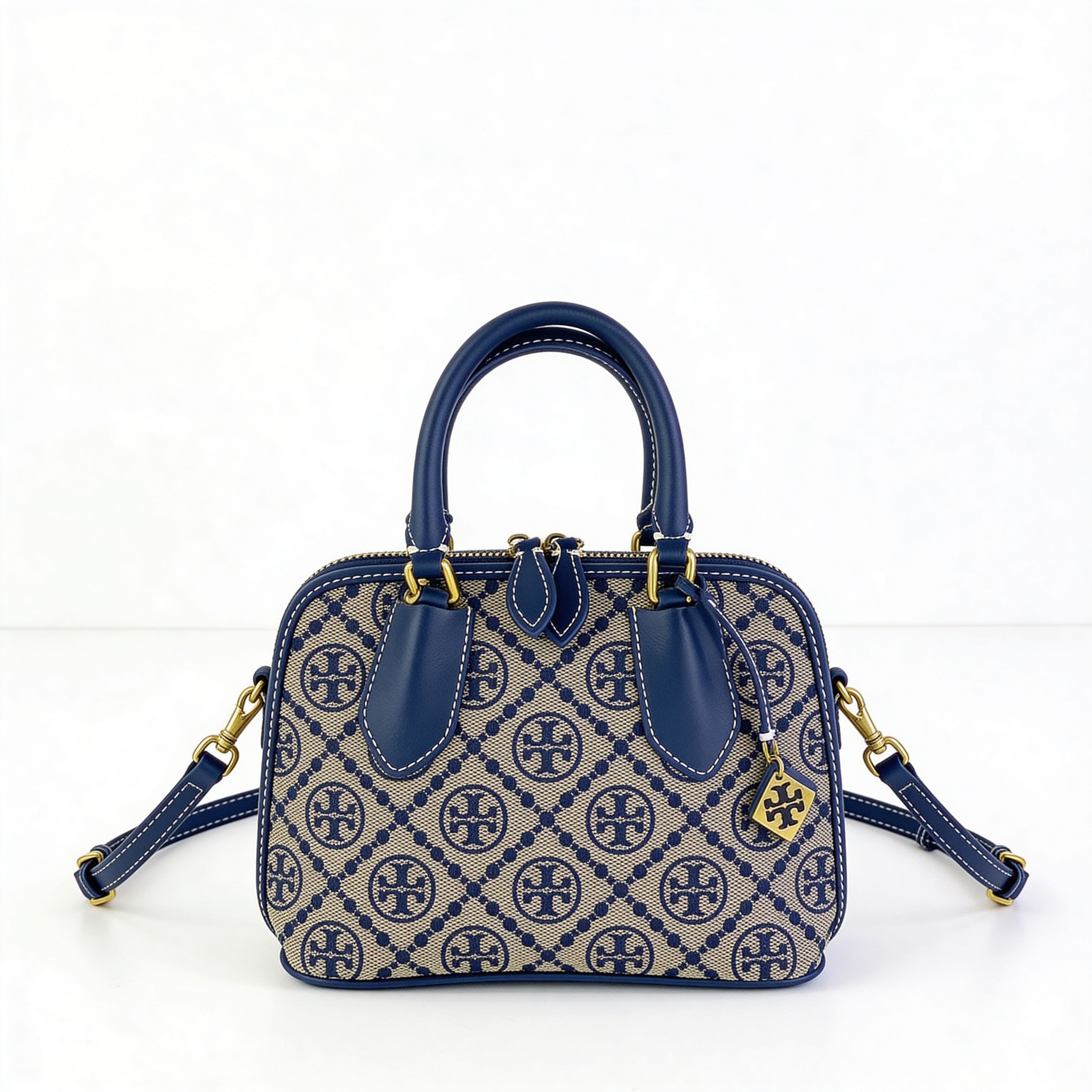 Tory Burch T-Monogram Mini Satchel, navy and cream jacquard with navy leather, front view with T charm