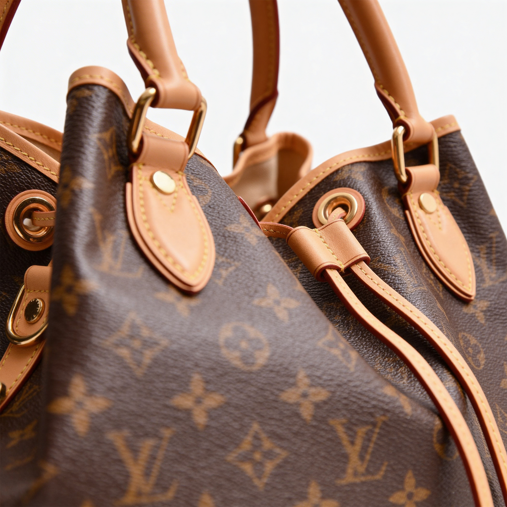 Louis Vuitton Petit Noé, extreme close-up of Monogram canvas pattern