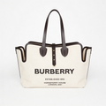 Burberry Society Tote, natural canvas with Horseferry House print and black leather trim, front view