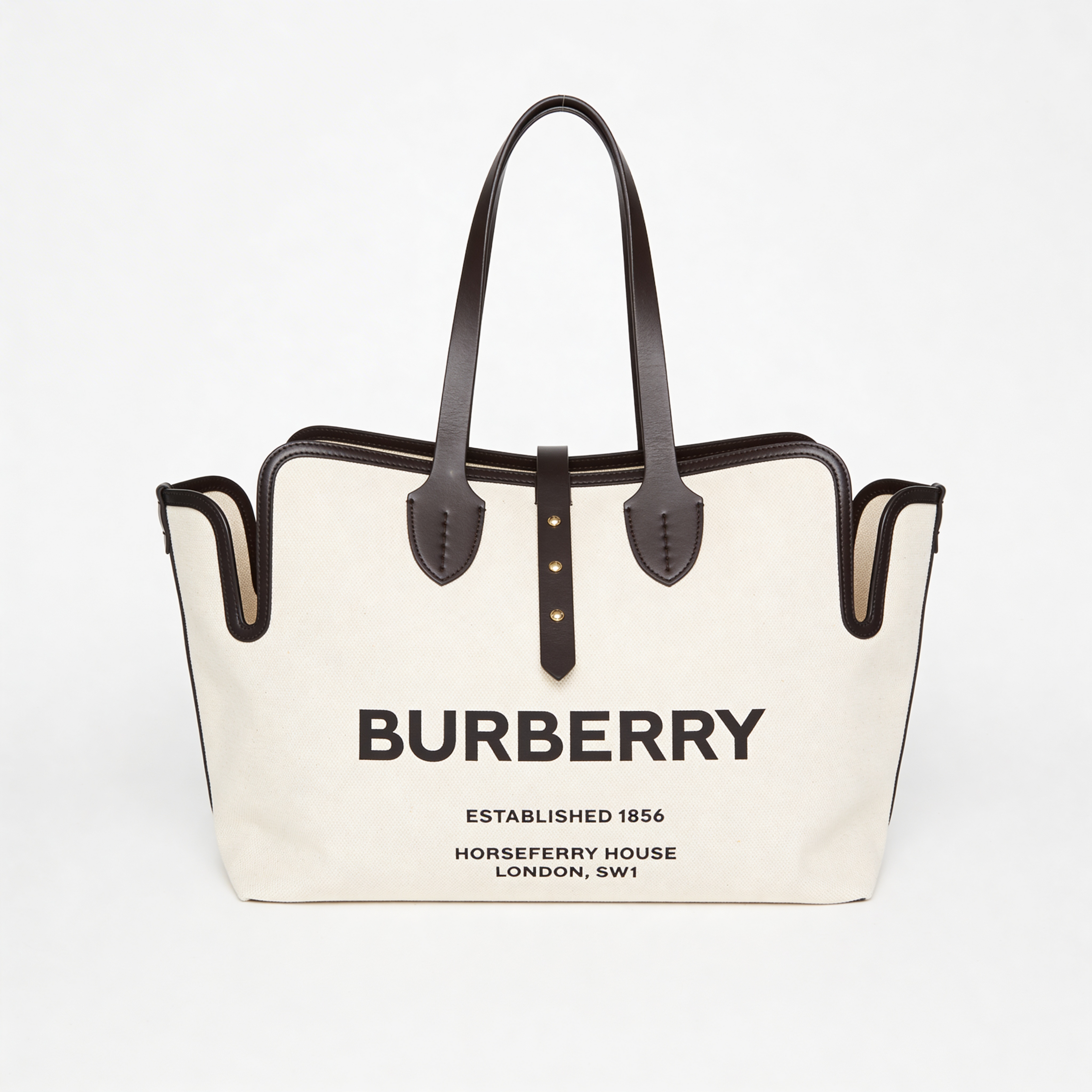 Burberry Society Tote, natural canvas with Horseferry House print and black leather trim, front view