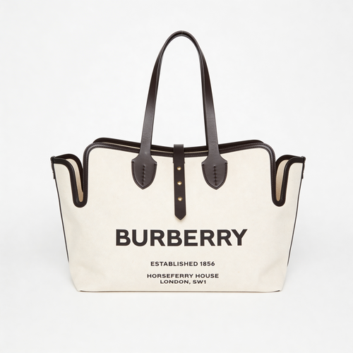 Burberry Society Tote, natural canvas with Horseferry House print and black leather trim, front view