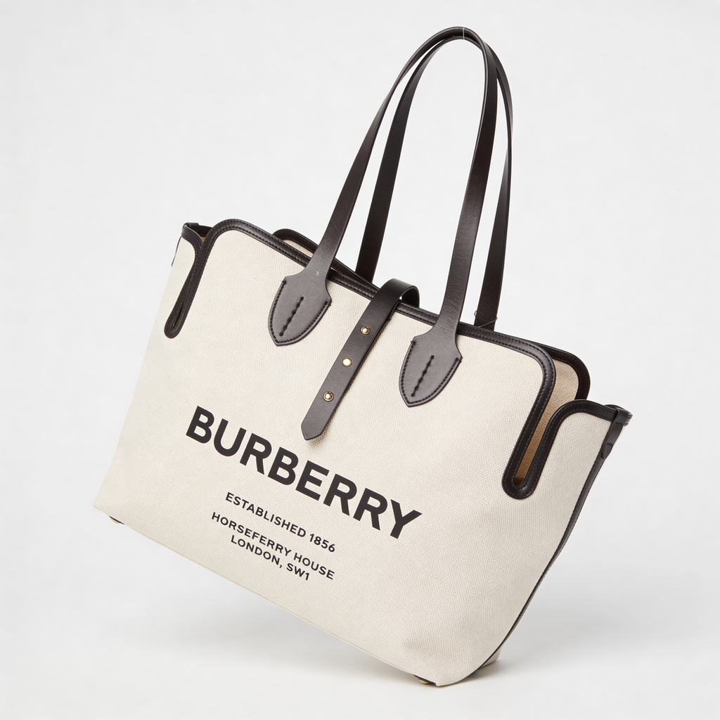 Burberry Society Tote, natural canvas, alternate angle showing Horseferry print