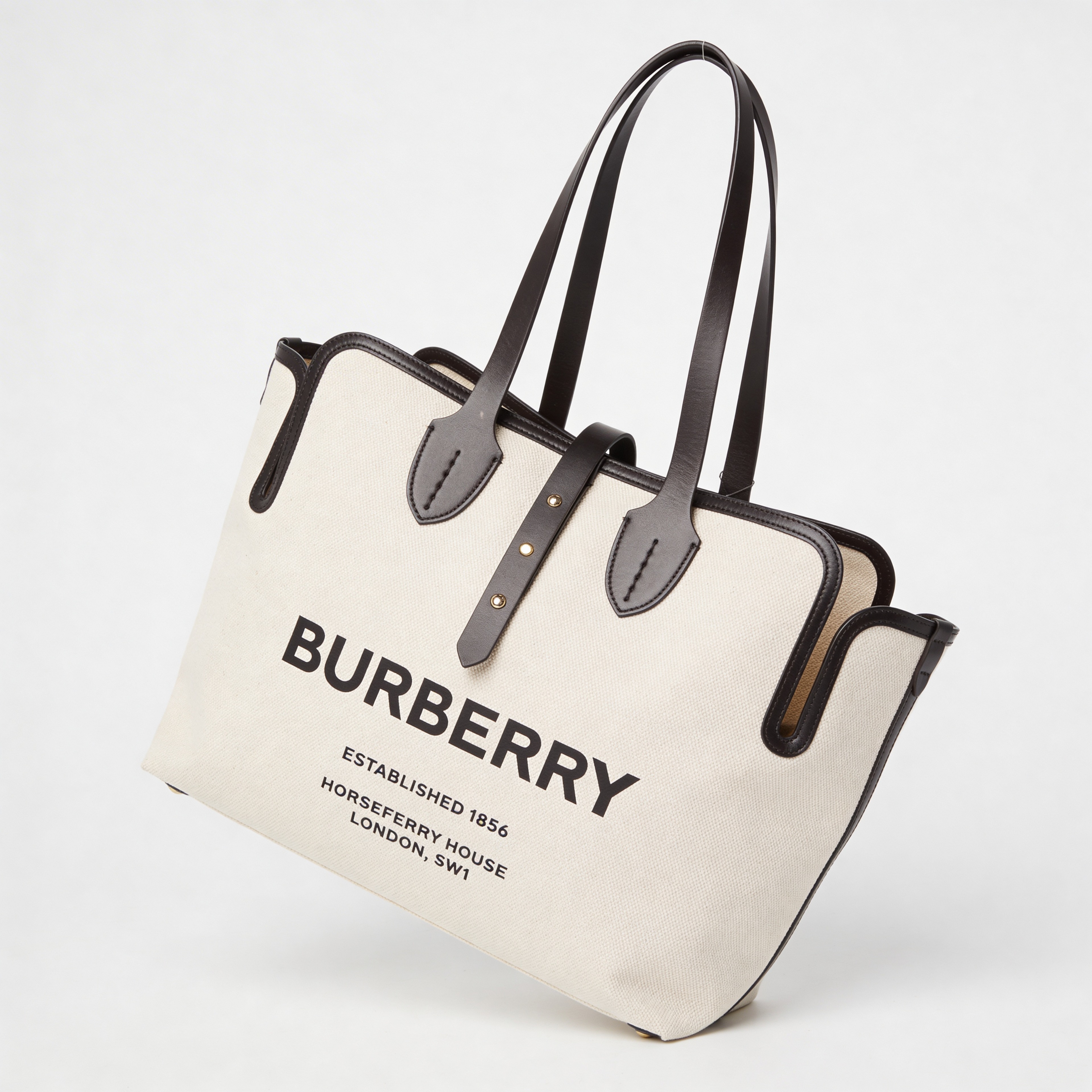 Burberry Society Tote, natural canvas, alternate angle showing Horseferry print