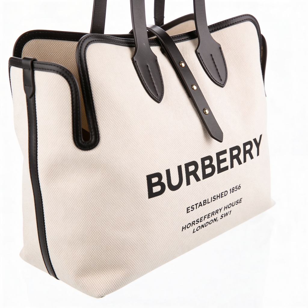 Burberry Society Tote, detail of BURBERRY ESTABLISHED 1856 Horseferry House heritage print