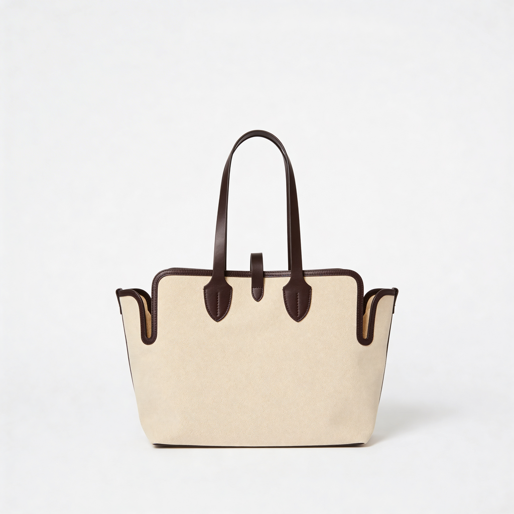Burberry Society Tote, natural canvas, side angle with black leather handles