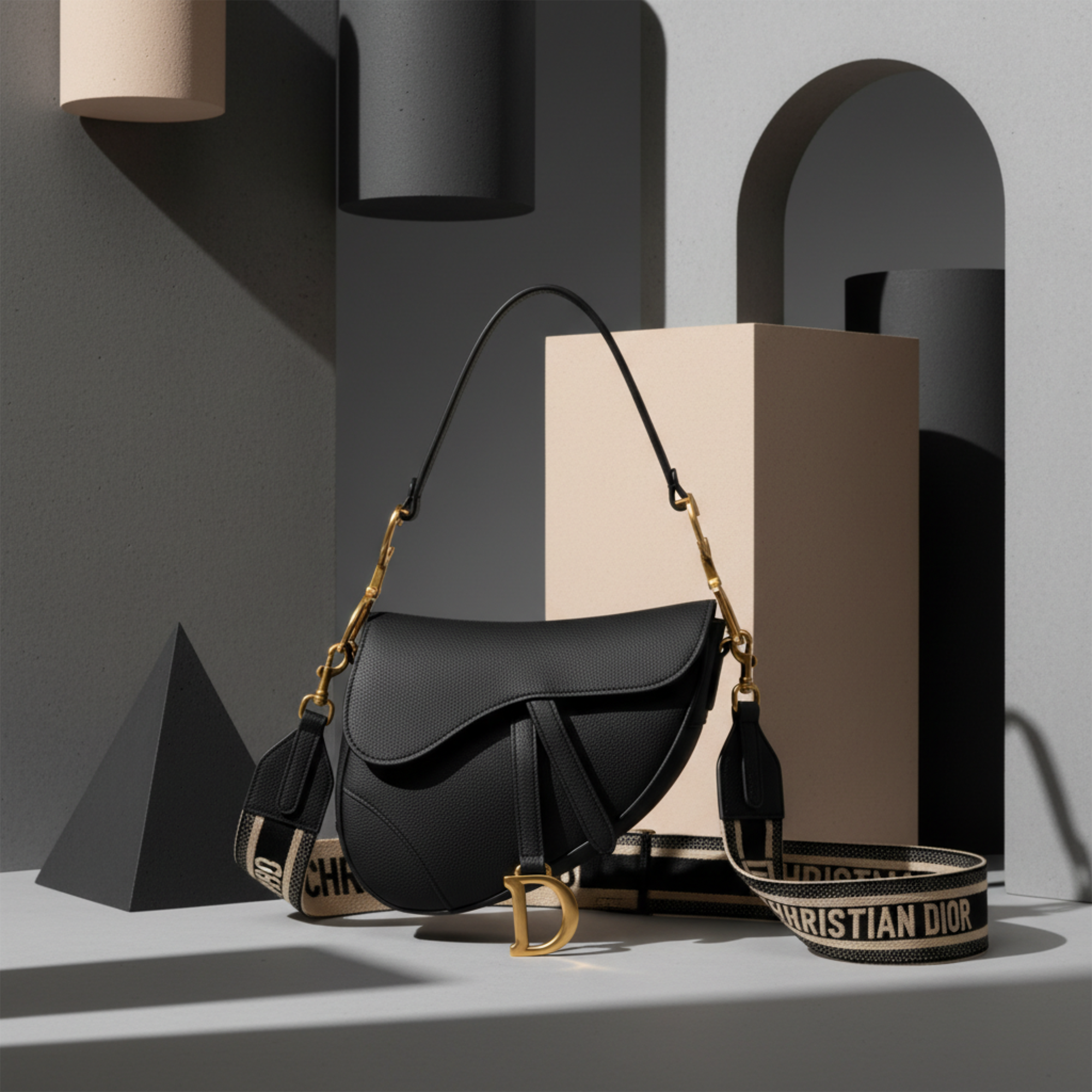 Christian Dior Saddle Bag, black grained leather, editorial set with geometric props on grey