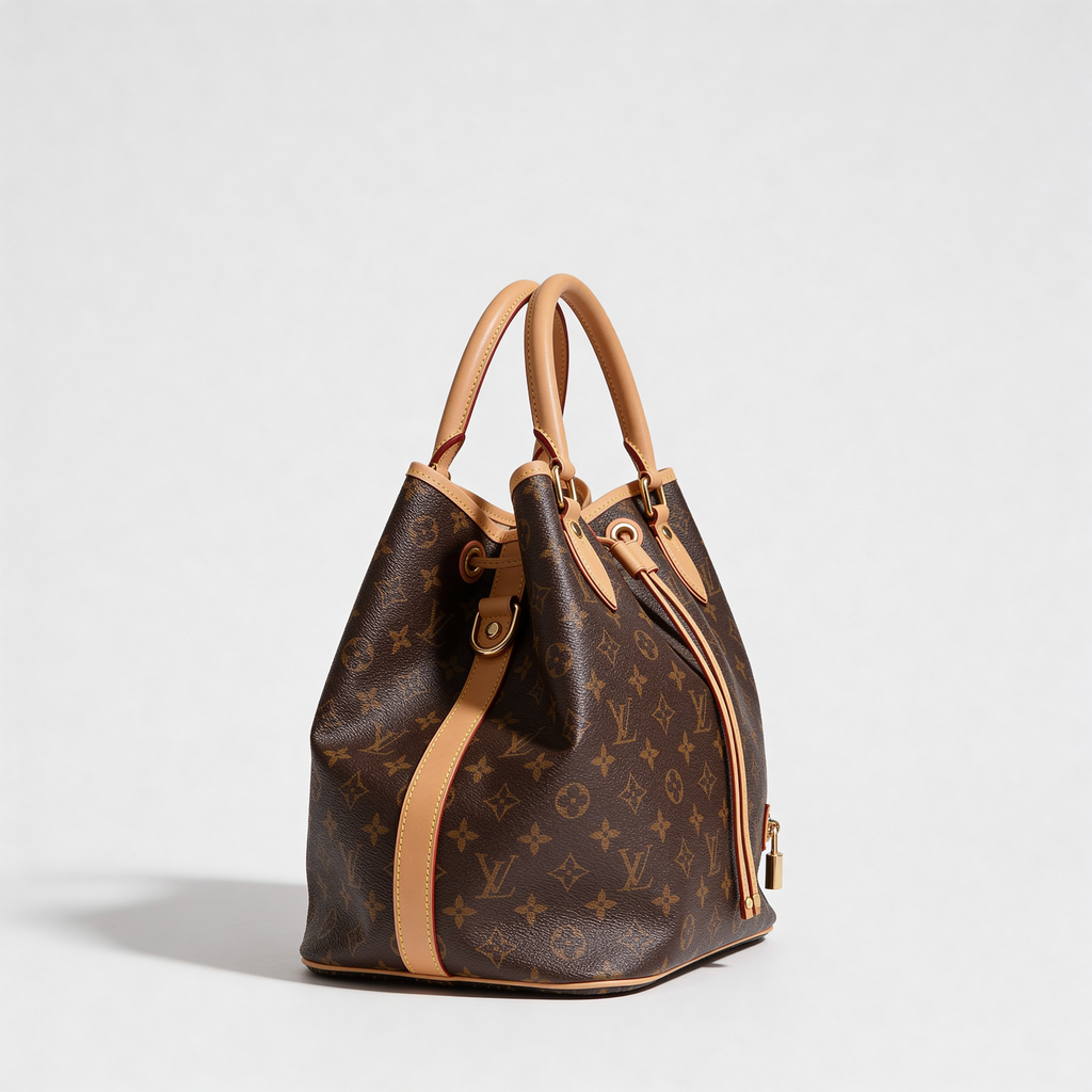 Louis Vuitton Petit Noé bucket bag, Monogram canvas, side angle on pure-white